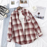New Women Vintage Flannel Plaid Shirt Pockets Full Sleeve Turn Down Collar Loose Blouse Spring Female Casual Basic