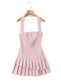 Fongt Style Dress Women 2025 Spring New Temperament Elegant Hanging Neck Sleeveless Solid Color High-Rise 100-Folded