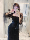 New Autumn Fashion Designer Flocking Wave Point Dresses Women Flare Long Sleeve Elastic Mesh Elegant Party