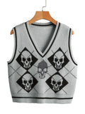 Gothic Knit Sweater Vest Skull Argyle Print Pattern Knitwear V-neck Pullover Fashion Jumper Top Women Halloween