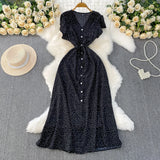 Fongt Red Dot V-Neck Women's Short-Sleeved Dress Summer Single Buckle Tie With Thin A-Word Mid-Long Dress