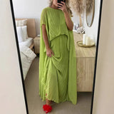 Fongt Women's Dress Solid Color Pressure Folding Over The Big Swing Fashion Loose Tie Women 8157