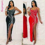 New Sexy Party Women's Dress with Iron Diamond Sleeveless Strap Wrap Hip Split Tight Elastic High Grade Evening Dress-Outfit