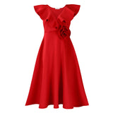Fongt Women's V-Necked Leaf-Side Three-Dimensional Flower Dress Evening Dress Party Dress