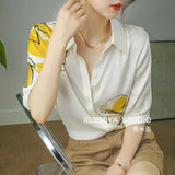 Large Size Shirt Summer Silk Printing Women's Blouse 2022 New Short Sleeve Casual Loose Top Female Fashion Korean Style
