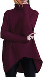 Fongt Winter Women Irregular Hem High Collar Jumper Long Sleeve Knit Sweater