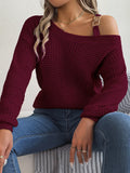 Shooting 2025 Autumn And Winter Casual Metal Buckle Splicing Shoulder Lantern Sleeve Sweater Women's