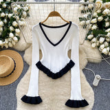 Fongt Striped Knitted Shirt Autumn Lotus Side Hem Horn Sleeves Slimmed Out Of The Bottom Coat
