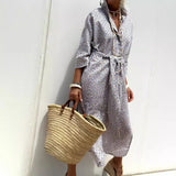 Fongt Explosion Autumn Five-Sleeve Striped Sides On Both Sides Of The Fork Shirt Dress Woman