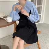 Folds Peter Pan Collar Puff Sleeve Single Breasted Shirt Loose Asymmetrical Knee Length Pleated Vest