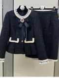Vintage Small Fragrance Tweed Two Piece Set Women Crop Top Woolen Short Jacket Coat + Mini Skirts Sets Sweet 2 Piece