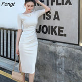 Women New Elegant Midi Base Dress Bodycon Office Lady Work Wear Solid One Piece Slim Clothing Femme Fashion