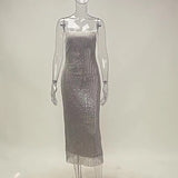 Sexy Bare Back Thin Flash Hot Diamond Suspender Dress Women's 2024 Fashion Temperament Long Dress-Outfit