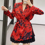 Floral Printing Tailored Collar Sashes Red Shirts Female Long Sleeve Blouses Casual Lady Loose Tops Blusas