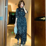 Fashion Women Polka Dot Trousers Suit Summer Chiffon O Neck Ruffles Shirt + Holiday Ladies Pleated Wide-Leg Length Pants