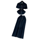 Fongt Light-Cooked Wind Strap To Close Waist Short-Sleeved Cowboy Topess Female High-Waisted Fork Hip Skirt Summer Two-Sleeve