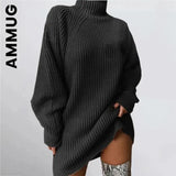 and Winter New Women's Knitwear Pullover Mid-length Raglan Sleeves Half Turtleneck Sweater Dress Loose and Soft-Outfit
