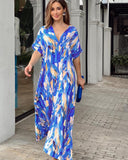 Fongt Summer High-Waisted Print Commuting Temperament Short-Sleeved Long Dress Women's Long Dress