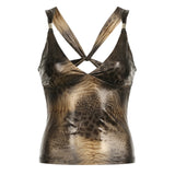 Fongt Babes Glossy Leopard Color Repair V-Neck Sexy Cross-Dress Sling Sling Tape Small Vest Top