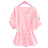 Size M-6XL Women Loose Short Sleeves Blouses 2022 New Fashion Summer Casual V-Neck Lace Up Bow Solid Color Tops Hot
