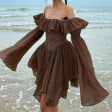 Chiffon Corset Dress Brown Flare Long Sleeve Mini Dresses Vacation Short Party Dress Ruffles Slash Neck Outfit-Outfit
