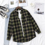 New Women Vintage Flannel Plaid Shirt Pockets Full Sleeve Turn Down Collar Loose Blouse Spring Female Casual Basic