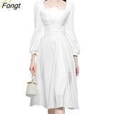 Han Queen Autumn Vintage Vestidos Lantern Sleeve White Office Dress Simple Series A-Line Party Casual Dresses Female