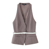 Fongt Temperament With Belt Striped Set 2025 Spring V Collar Vest High-Waisted Trousers Woman