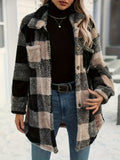 Fongt Women's Autumn And Winter Long Sleeve Double Pocket Lattice Hairy Large Fashion Coat