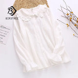 Spring New Women Peter Pan Collar Cotton White Shirt With Tie Long Sleeve Lace Blouse Autumn Solid Sweet Cute Girls Tops