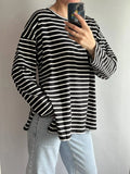 Fongt Spring And Summer New Striped T-Shirt Women Simple Leisure Loose Thin Sleeve Long-Sleeved Top
