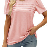 Fongt Women's Summer Round-Neck Short-Sleeved Chest Tuck Line Folded Blouse T-Shirt