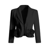 Fongt Wind Niche Stereo Rose Cut Deep V Collar 2024 Autumn New Solid Color Small Suit Short Coat Female-Outfit
