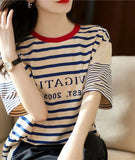 Fongt Version Of Loose Good-Looking Youth-Down Navy Blouse Woman! Letters Printed Short-Sleeved Cotton Striped T-Shirt