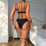 Fongt Women Wear Flash Mesh Fishnet Tassel V Collar Sexy Bikini Hood Dress