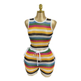 Fongt Ramming Striped Hollow Drawer Vest High-Waisted Hips Shorts Knitted Beach Resort Set