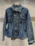 Fashion Women'sA-lineCrumpled Hem Ruffled Slimming Waist Denim Jacket Long Sleeve Lapel Blue