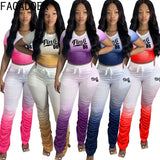 Fashion Gradient Plus Size Two Piece Sets 3XL 4XL Women PINK Letter Print Short Sleeve Tshirt + Stacked Pants