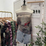 Fongt Graffiti-Printed Shoulder-Threin Mesh Long-Sleeved Blouse Side Drawstring Tethered With Slime T-Shirt 8959