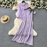 Fongt Temperament Two Sets Of Women's Languid Languid Wind Outside The Thin Loose Long-Sleeved Sunscreen Jacket + Sling Dress