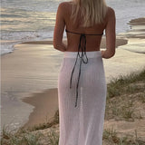 Fongt Summer New Sexy Hollow Perspective Knitted Beach Holiday Solid Dress Wearing Women