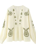 Fongt Spring V-Neck Lantern Sleeves National Style Embroidery Shirt Trend Sleeves