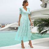 Fongt New Dress Spring Lace Mid-Swear Temper Commuting High-Waisted Green V-Neck