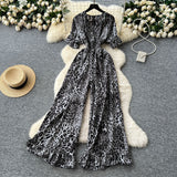 Fongt Dress Holiday Wear Chic Light Leisure V Collar Short Sleeves Tight Waist High Waist Thin Leg Print Jump Trousers