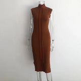 2020 New Arrival Spring Auttum Sleeveless Side Cut Mesh Material Loose Outfits Sexy Women Brown Long