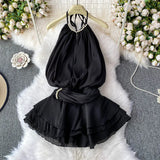 Fongt And Summer 2025 New Products Hanging Neck Bare Back Texture Crippling Poneng Dress To Close The Waist Tie Sweet Holiday Wind