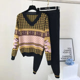 Two Piece Sets Women Vintage Print Long Sleeve V-neck Patchwork Pullover Suit Ankle-length Pants Tracksuit Knit