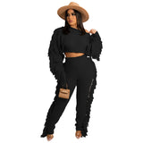 Fongt New Women's Wear Casual Solid Color Knit Long Sleeve Tassel Suit-Outfit