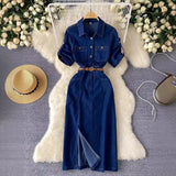 Fongt Luxury Famous Feudal High-Level Feeling Polo Collar Denim Dress Women Summer Fork Belt Design Niche Temperament Dress