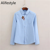 New Artistic Animal Embroidery White Shirt Women Solid Oxford Long Sleeve Shirt Small Fresh High Quality Brand